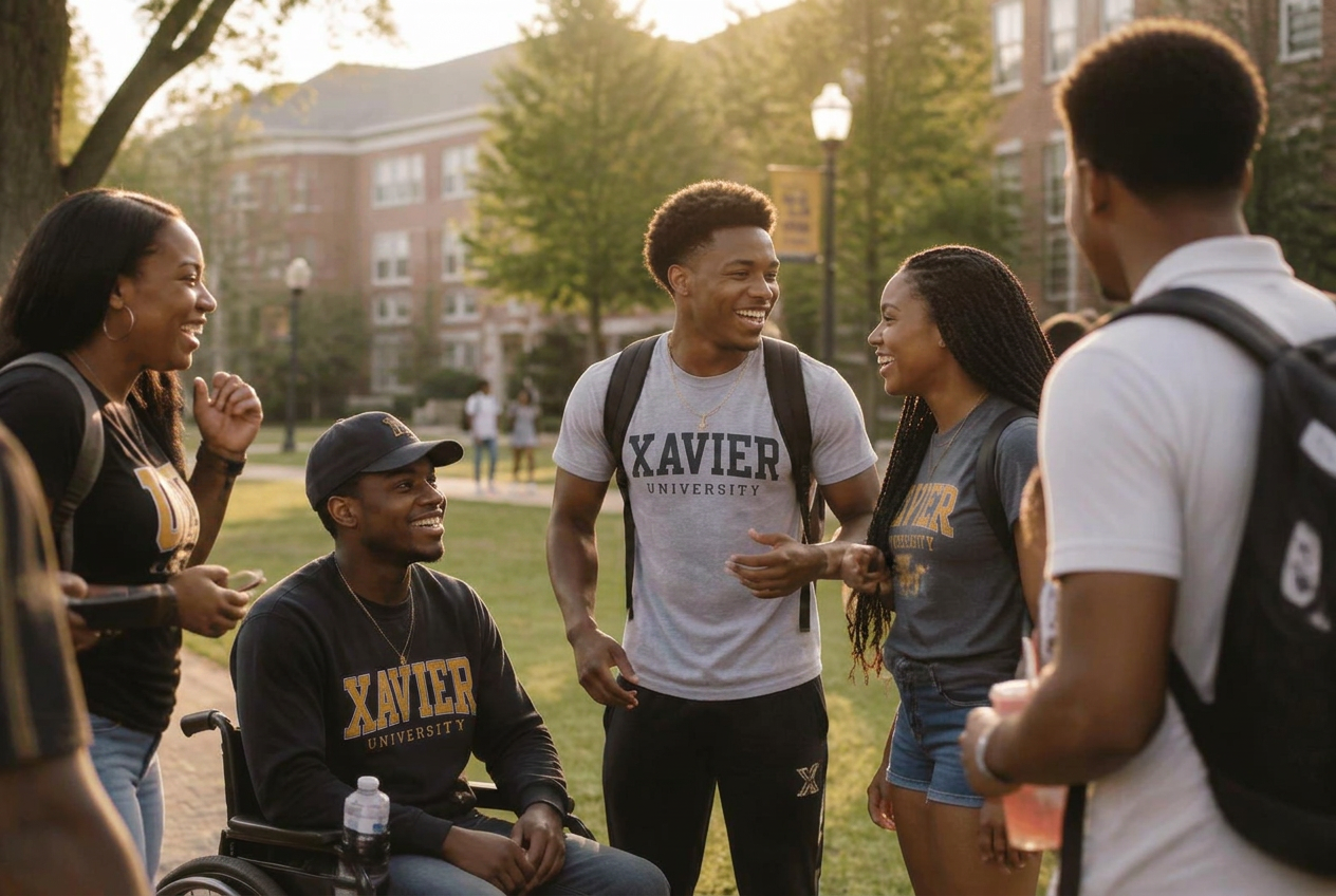 Students laughing together on an HBCU campus yard at golden hour