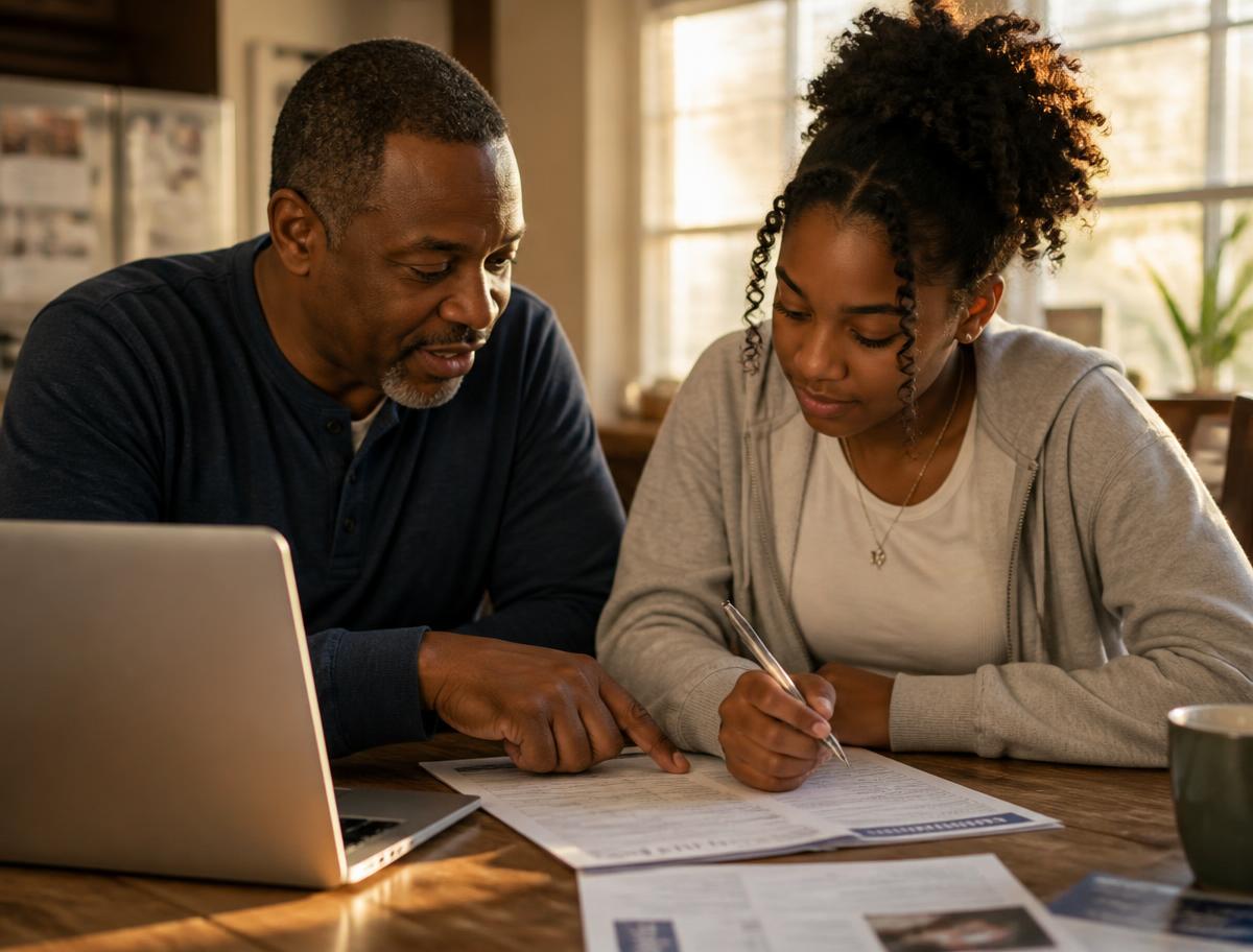 A parent and student going through financial aid paperwork at the kitchen table